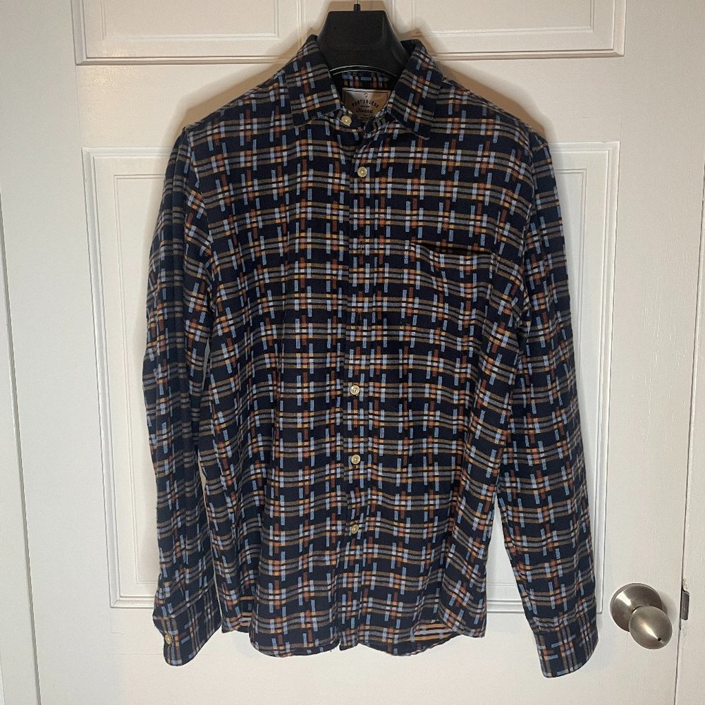 Portuguese Flannel Crossroad Brushed Button Down in Navy/Orange Medium